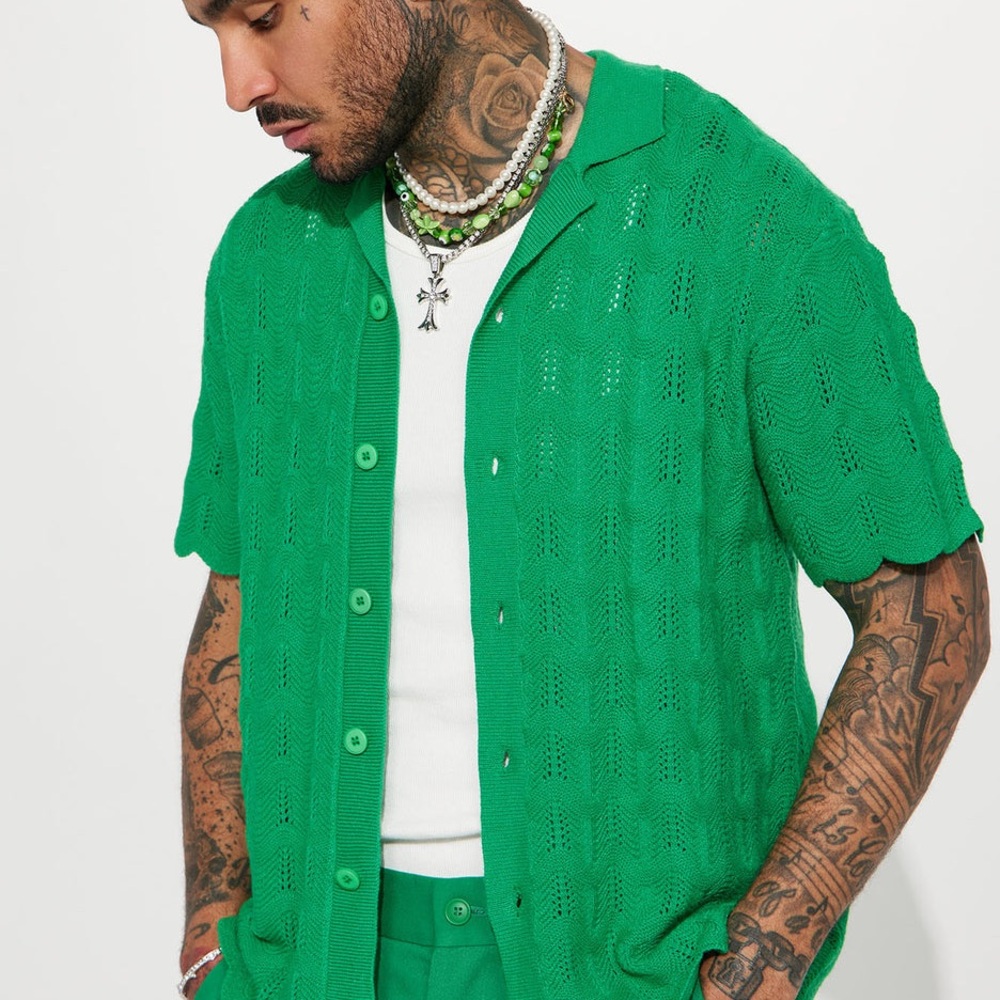Fashion Nova Men’s Checkmate Short Sleeve Pointelle Shirt - Green